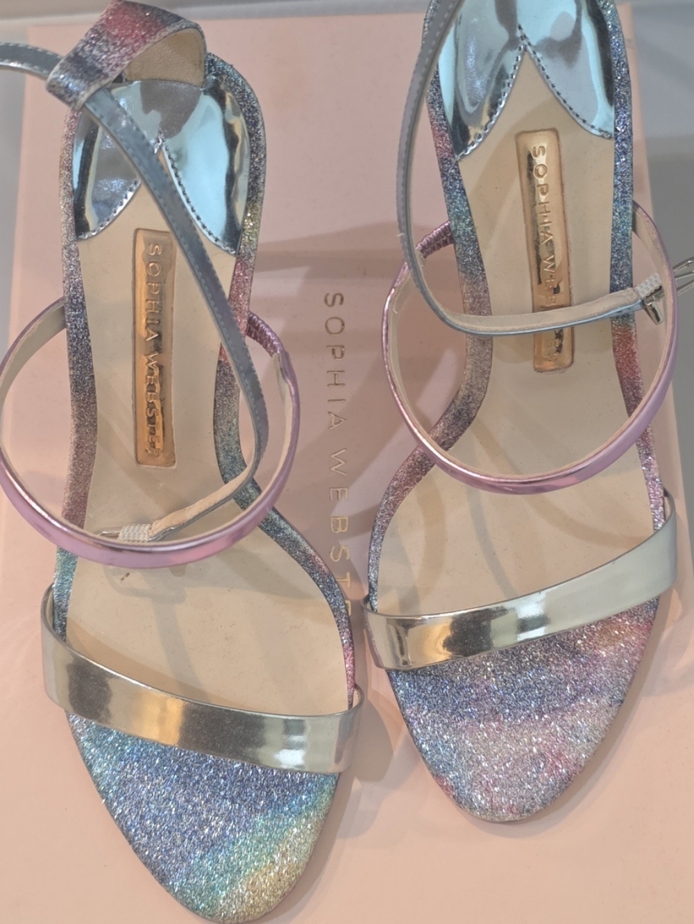 Sophia Webster Iridescent Multi-Color Glitter Strappy Heels with Silver Accents - Picture 3 of 6